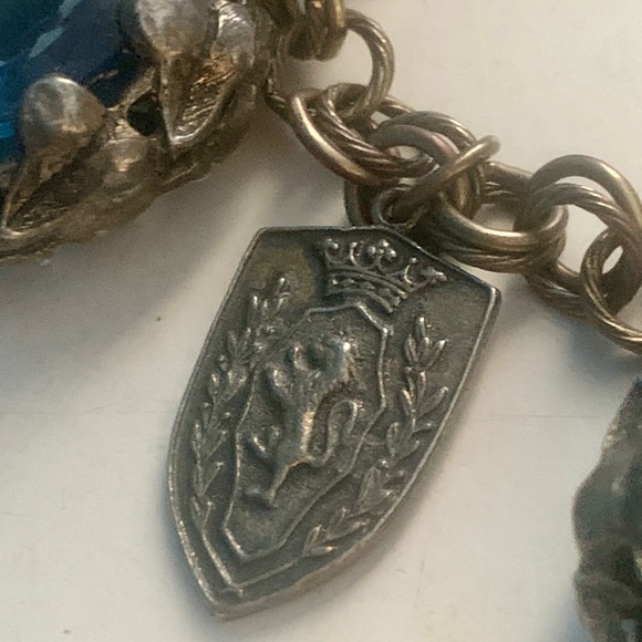 VTG Antique Silver Coin Multi Color Stones Charm Bracelet Unique - Picture 2 of 10